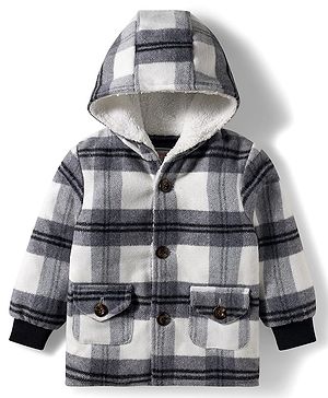 Babyhug Woven Full Sleeves Checks Hooded Overcoat - Black & White
