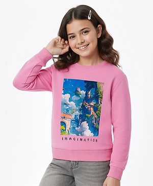 Pine Kids Cotton Knit Full Sleeves Sweatshirt with Imagination Graphic - Pink