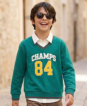 Pine Kids Cotton Knit Full Sleeves Twofer Style Sweatshirt with Text Print - Green