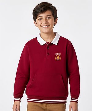 Pine Kids Cotton Knit Full Sleeves Sweatshirt With Awesome Print & Kangaroo Pockets - Dark Red