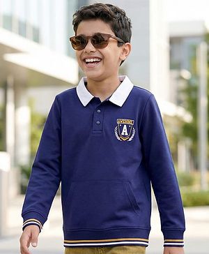 Pine Kids Cotton Knit Full Sleeves Sweatshirt with Text Print & Kangaroo Pocket - Blue