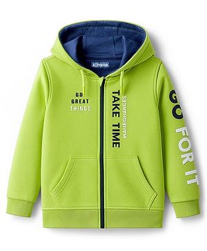Pine Kids Cotton Knit Full Sleeves Hooded Sweatjacket With Text Print & Kangaroo Pockets - Limegreen