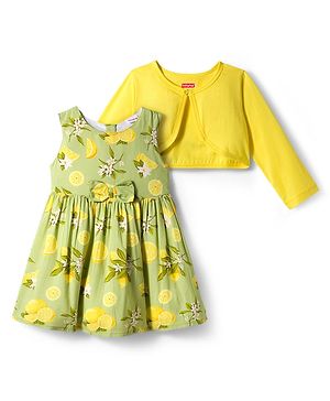 Babyhug Cotton Woven Floral Printed Frock with Three Fourth Sleeves Jacket - Yellow