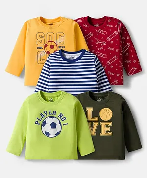 Doodle Poodle 100% Cotton Knit Full Sleeves Stripes T-Shirts with Sport Theme Print Pack of 5 - Multicolor