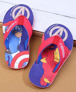 Cute Walk by Babyhug Marvel Flip Flops with Avengers Print - Red & Blue