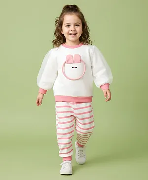 Mark & Mia Full Sleeves Winter
                              Wear T-Shirt & Joggers Set with
                              Stripes & Animal Applique - White
                              & Pink
