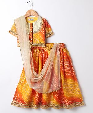 M'andy Cotton Silk Woven Half Sleeves Bandhani Designed Gota Lace & Tassels Embellished Coordinating Lehenga Choli With Dupatta Set - Yellow
