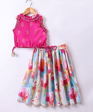 M'andy Woven Sleeveless Floral Printed & Paisley Foil Designed Lehenga Choli Set - Magenta