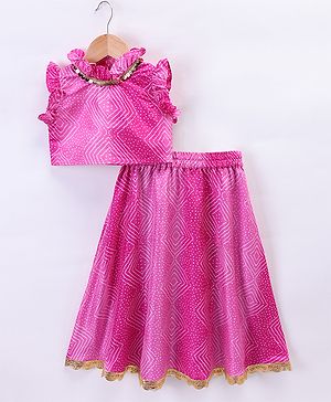 M'andy Cotton Silk Woven Frill Sleeves Bandhani Designed Sequins & Gota Lace Embellished Coordinating Lehenga Choli Set - Magenta