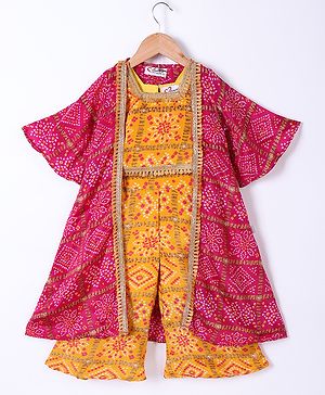 M'andy Cotton Silk Woven Bandhani Floral Printed Gota Lace & Tassels Embellished Coordinating Top Palazzo With Half Volume Sleeves Jacket Set - Yellow