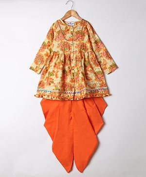 M'andy Cotton Woven Full Sleeves Floral Printed & Gota Lace Embellished Dhoti Kurti Set - Orange