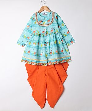 M'andy Cotton Woven Full Sleeves Flamingos Printed & Gota Lace Embellished Dhoti Kurti Set - Blue