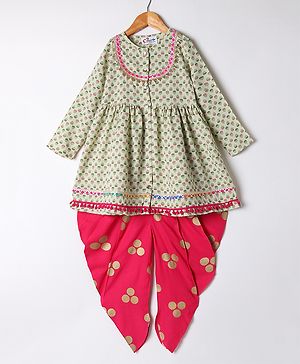 M'andy Viscose Cotton Woven Full Sleeves Floral Printed Striped & Gota Lace Embellished Dhoti Kurti Set - Off White