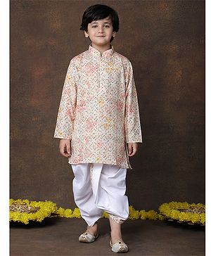 Superminis Cotton Woven Full Sleeves Abstract Printed & Sequins Embellished Dhoti Kurta Set - Peach