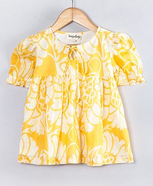 Hugsntugs Cotton Woven Half Puffed Sleeves Floral Printed Top - Yellow