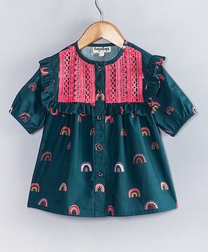Hugsntugs Cotton Woven Half Puffed Sleeves Rainbow Printed & Lace Embellished Frock Style Top - Green