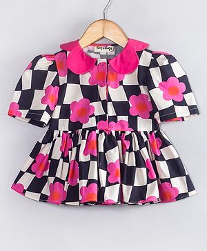 Hugsntugs Cotton Woven Half Sleeves Warped Checked & Floral Printed Peplum Top - Black