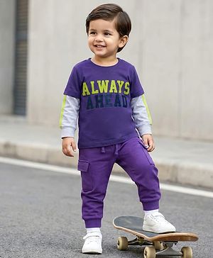 Babyhug Knit Premium Light Gauge Terry Full Doctor Sleeves T-Shirt & Joggers Set with Always Ahead Text Print - Purple