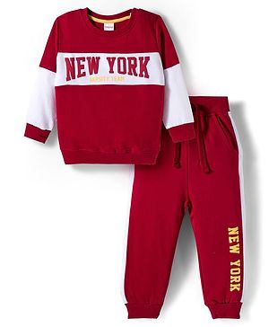 Babyhug Knit Premium Light Gauge Terry Full Sleeves  T-Shirt and Jogger Set With New York Text Print - Red