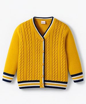 Babyhug Knit Full Sleeves Front Open Sweater with Cable Knit Design - Mustard