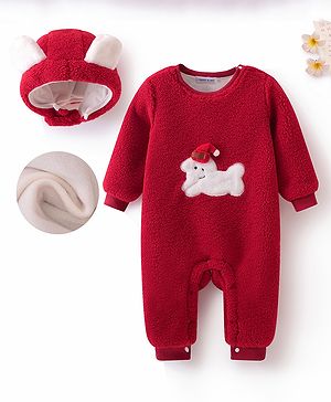 Mark & Mia Full Sleeves Fur Winter Romper with Cap & Puppy Patch Detailing - Red
