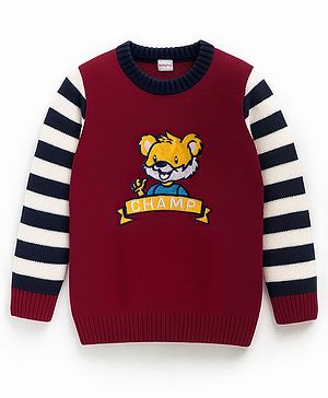 Babyhug Knitted Full Sleeves Pullover Sweater With Animal Embroidery - Dark Red
