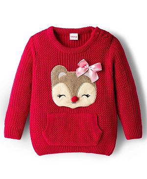 Babyhug Knit Full Sleeves Pullover With Reindeer & Bow Applique and Kangaroo Pocket - Dark Pink