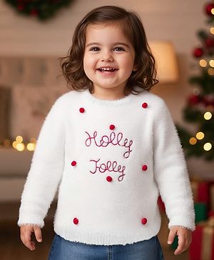 Babyhug Knit Full Sleeves Extra Soft Hairy Yarn Pullover Sweater with Text Embroidery - White