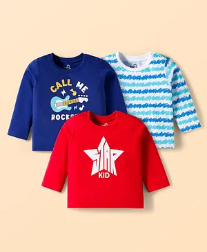Doodle Poodle 100% Cotton Knit Full Sleeves T-Shirts with Text Print Pack of 3 - Red Aqua & Navy Blue