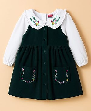 Babyhug Cotton Woven Full Sleeves Frock With Inner Tee & Floral Embroidery - Green