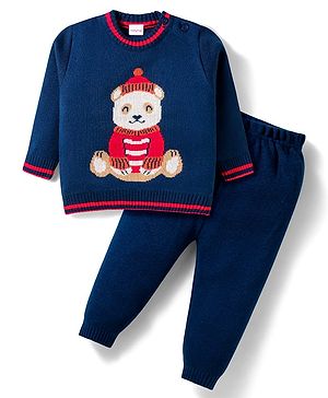 Babyhug Knitted Full Sleeves Sweater Set With Teddy Bear Design - Navy Blue