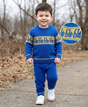 Babyhug Knitted Full Sleeves Sweater Set With Tractor Design - Royal Blue