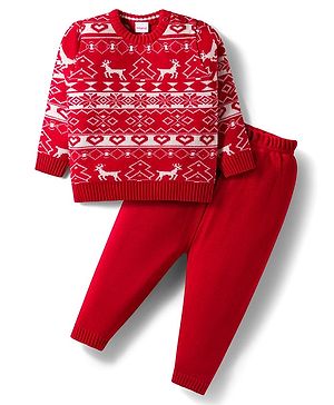 Babyhug Knit Full Sleeves Sweater Set With Deer Design - Red