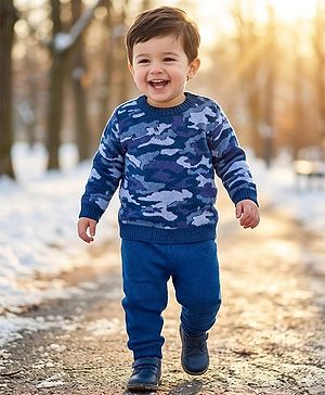 Babyhug Knit Full Sleeves Pullover Sweater Set with Camouflage Design - Navy Blue