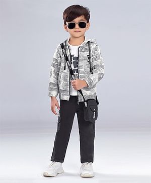 BAD BOYS Blended Woven Full Sleeves Abstract Printed Hooded Shacket & Joggers With Tee & Sling Bag Set - Grey