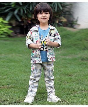 BAD BOYS Blended Woven Full Sleeves Checked Coordinating Shacket & Joggers With Let It Go Text Printed Tee Set - Blue