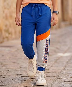 Pine Kids Knit Full Length Text Printed Lounge Pant With Cut & Sew Design - Navy Blue
