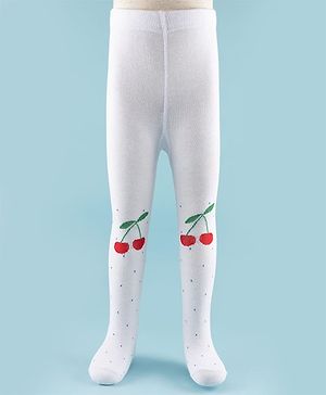 Cute Walk by Babyhug Knit Antibacterial Footed Tights with Cherry Design - White