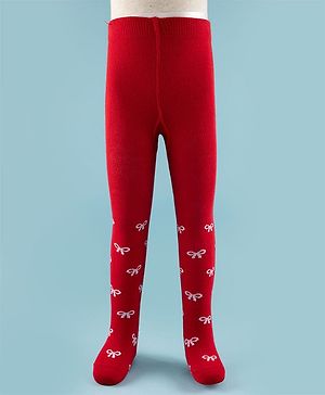 Cute Walk by Babyhug Knit Antibacterial Footed Tights with Bow Design - Red