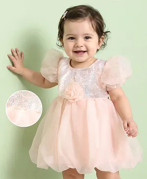 Mark & Mia Woven Half Puffed
                              Sleeves Frock Style Party Onesie with
                              Floral Applique & Sequin Detailing -
                              Peach