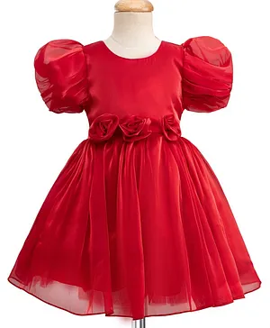 Mark & Mia Woven Half Puffed
                              Sleeves Party Dress with Floral Applique -
                              Maroon