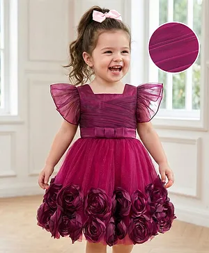 Mark & Mia Woven Flutter Sleeves
                              Party Dress with Floral Applique - Wine