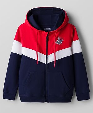 Pine Kids Cotton Knit Full Sleeves Hooded Sweatjacket With Space Shuttle Print & Kangaroo Pockets - Navy Blue & Red
