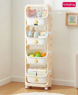 Babyhug 4 Layer Storage Organiser with Penguin Face - Yellow| Detachable Baskets| Wheels with Lock| Plug N Play Assembly| Stationery, Toys &  Clothes Storage| Rounded Edges