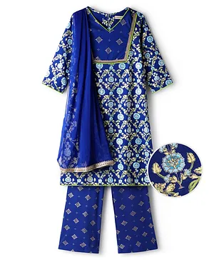 EARTHY TOUCH Cotton Woven Three
                              Fourth Sleeves Kurta & Salwar Set With
                              Dupatta & Floral Foil Print - Blue