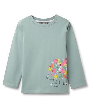 Tales & Stories Cotton Knit Full Sleeves Floral Embroidered Animal Printed Tee - Green