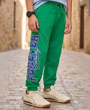 Pine Kids Terry Knit Full Length Lounge Pant With Text print - Green