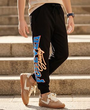 Pine Kids Terry Knit Full Length Lounge Pant With Text Print - Black