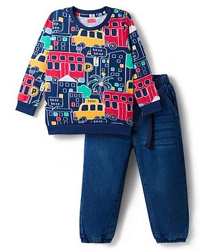 Babyhug Knit Premium Light Gauge Terry Full Sleeves T-Shirt & Denim Jeans  Set With Vehicle Print - Navy Blue