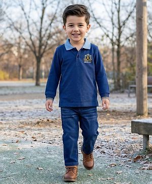 Babyhug Terry Knit Full Sleeves T-Shirt & Denim Jeans Set With Text Embriodery - Blue